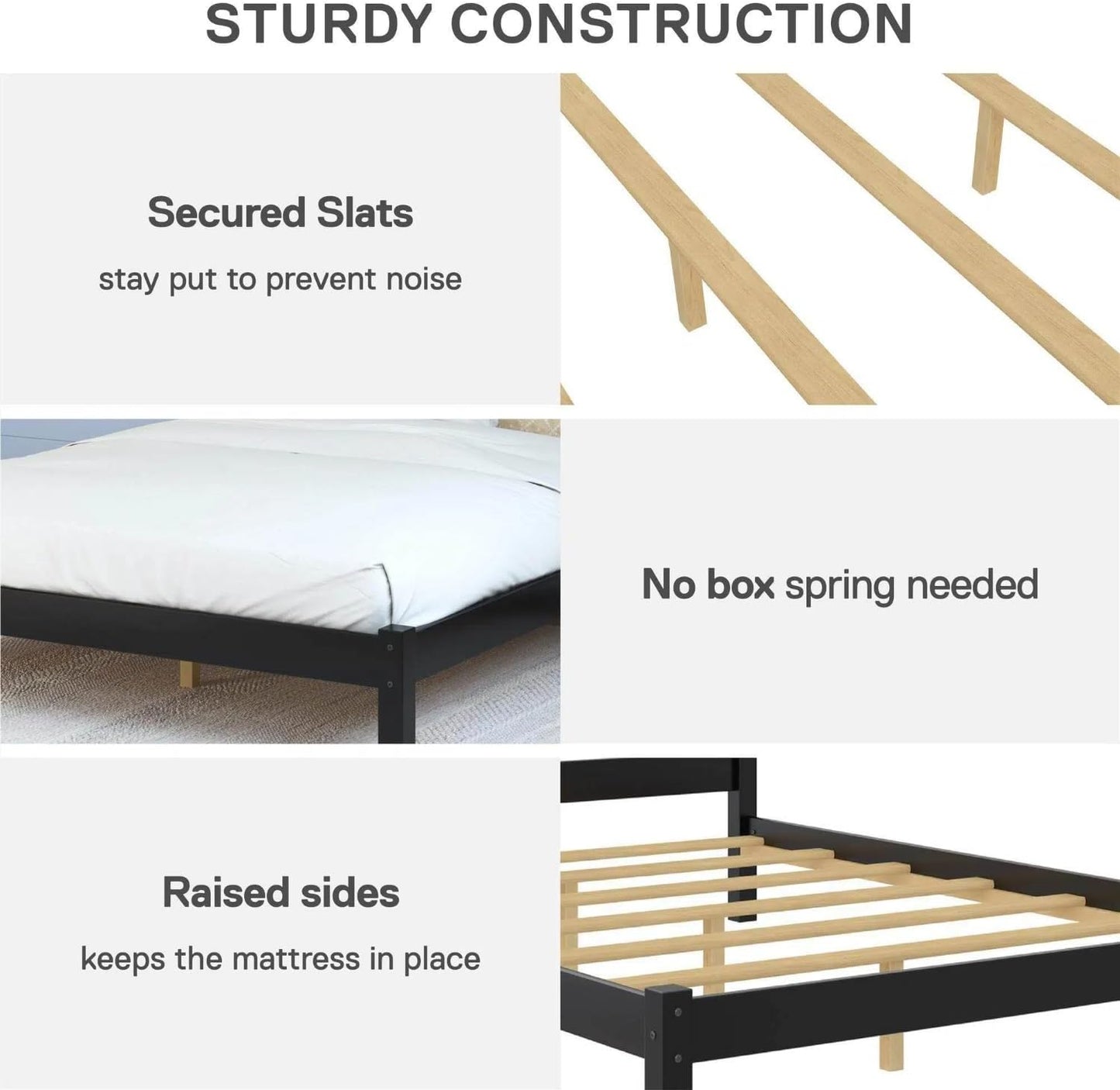 Full Size Bed Frame (12 inches), Black Solid Pine Frame with Low-Profile Curved Headboard, Wood Slats | Center Leg Support, No Box Spring Required, Easy Assembly for Bedrooms/Guest Rooms