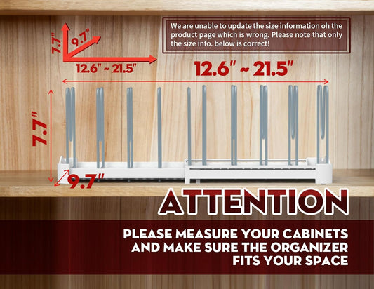 EVERIE Adjustable Bakeware Organizer Pot Lid Holder Rack for Pots, Cake Molds, Cutting Boards, Mats, Cookware, GS02SS, 7.7'' Deep by 12.6'' to 21.5'' Wide