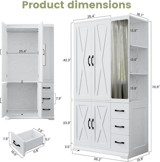 ANCTOR Armoire Wardrobe Closet with Mirror, 70.9" H × 36.2" W, Bedroom Armoires with 4 Doors, 3 Drawers and Shelves, Large Clothing Storage Cabinet for Hanging Clothes, White