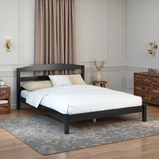 Full Size Bed Frame (12 inches), Black Solid Pine Frame with Low-Profile Curved Headboard, Wood Slats | Center Leg Support, No Box Spring Required, Easy Assembly for Bedrooms/Guest Rooms