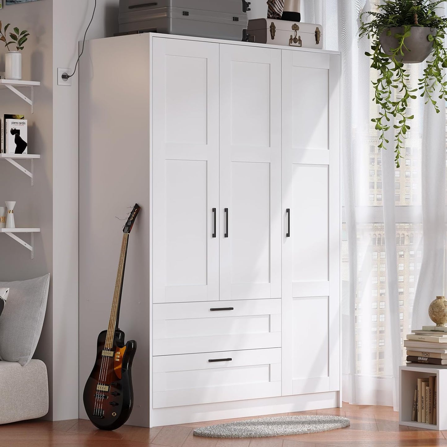 3 Doors Wooden Wardrobe Closet Armoire, White Storage Cabinet for Hanging Clothes, Bedroom Large Capacity Freestanding Armoire,Wood Wardrobe Combination with Shelves