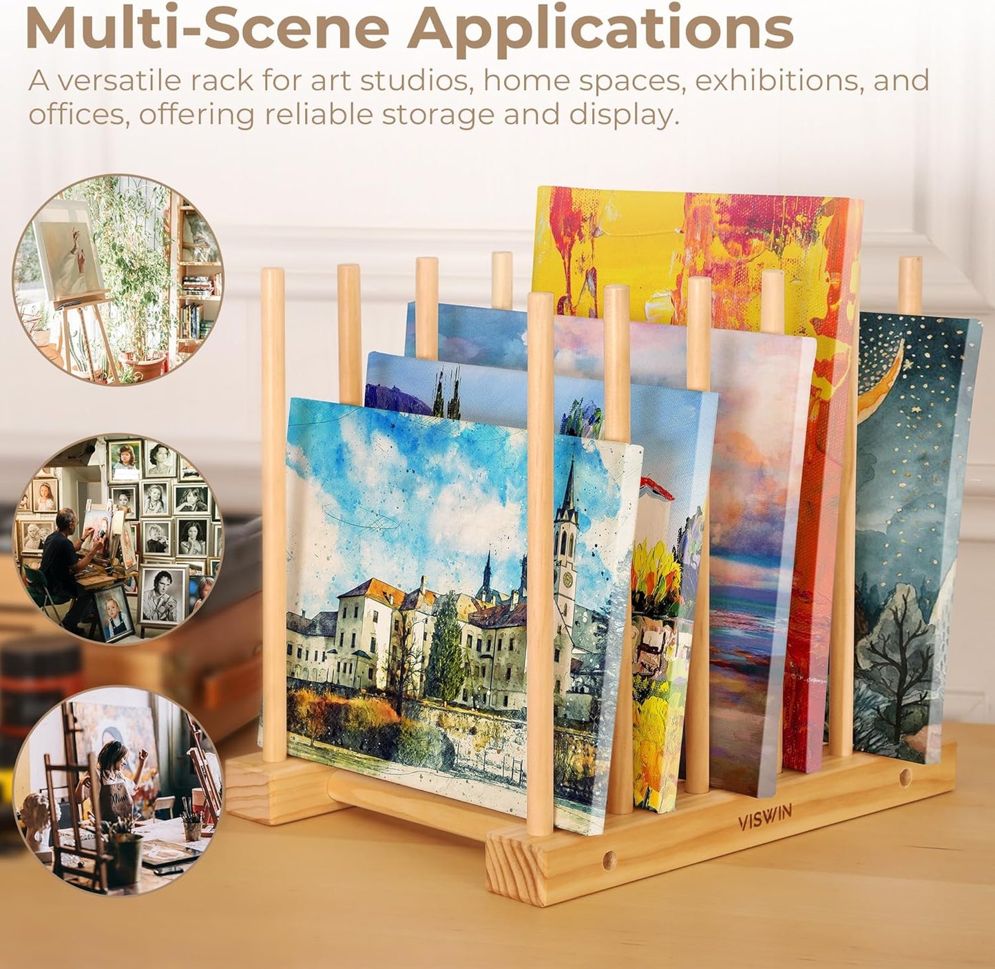 VISWIN Tabletop Art Storage Rack - Wooden Drying & Display Rack with Adjustable Slots for Organizing Canvas, Prints, Artwork, Panels, and Posters - Ideal Art Organizer for Studios & Galleries