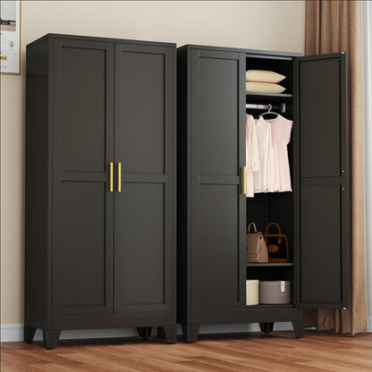 Metal Armoire Wardrobe Closet with 2 Mirror Doors, 71"' Wardrobe Cabinet with Adjustable Shelves and Hanging Rod, Clothing Storage Cabinet Closet with Mirror for Bedroom-Black