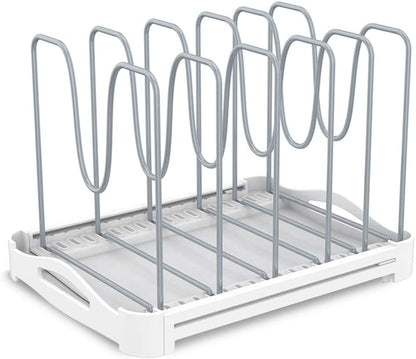EVERIE Adjustable Bakeware Organizer Pot Lid Holder Rack for Pots, Cake Molds, Cutting Boards, Mats, Cookware, GS02SS, 7.7'' Deep by 12.6'' to 21.5'' Wide