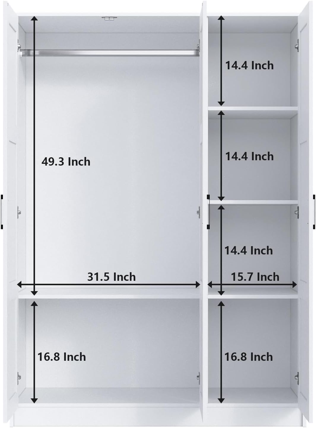 3 Doors Wooden Wardrobe Closet Armoire, White Storage Cabinet for Hanging Clothes, Bedroom Large Capacity Freestanding Armoire,Wood Wardrobe Combination with Shelves