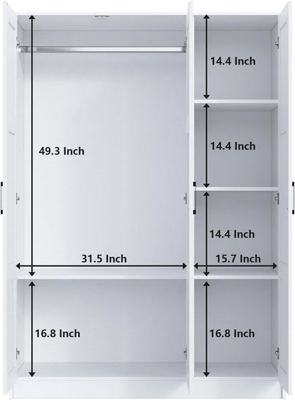 3 Doors Wooden Wardrobe Closet Armoire, White Storage Cabinet for Hanging Clothes, Bedroom Large Capacity Freestanding Armoire,Wood Wardrobe Combination with Shelves