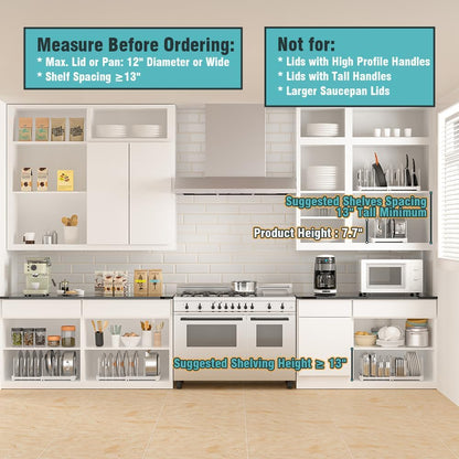 EVERIE Adjustable Bakeware Organizer Pot Lid Holder Rack for Pots, Cake Molds, Cutting Boards, Mats, Cookware, GS02SS, 7.7'' Deep by 12.6'' to 21.5'' Wide