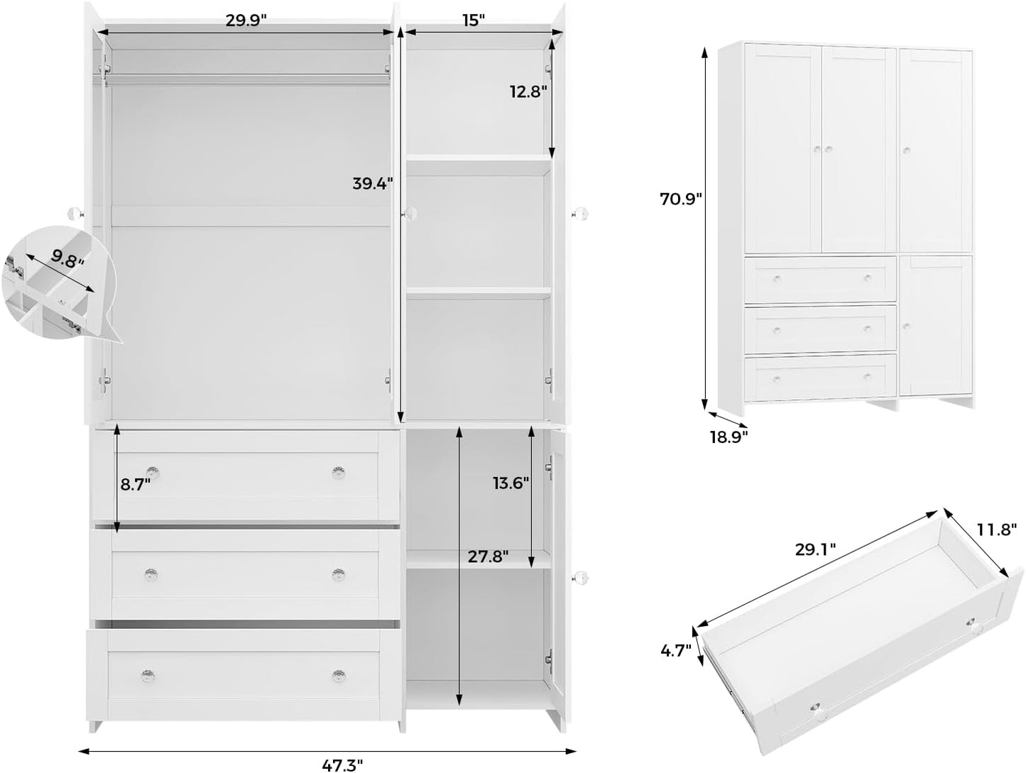 VOWNER Armoire Wardrobe Closet with Drawers and Mirror, 71" Clothing Storage Cabinet with Hanging Rod, 4 Doors Wooden Wardrobe Cabinet for Bedroom, Large Capacity Storage