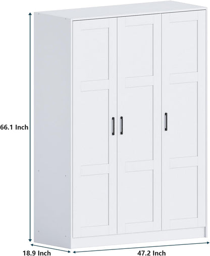 3 Doors Wooden Wardrobe Closet Armoire, White Storage Cabinet for Hanging Clothes, Bedroom Large Capacity Freestanding Armoire,Wood Wardrobe Combination with Shelves