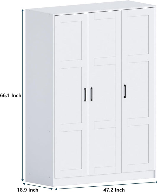 3 Doors Wooden Wardrobe Closet Armoire, White Storage Cabinet for Hanging Clothes, Bedroom Large Capacity Freestanding Armoire,Wood Wardrobe Combination with Shelves