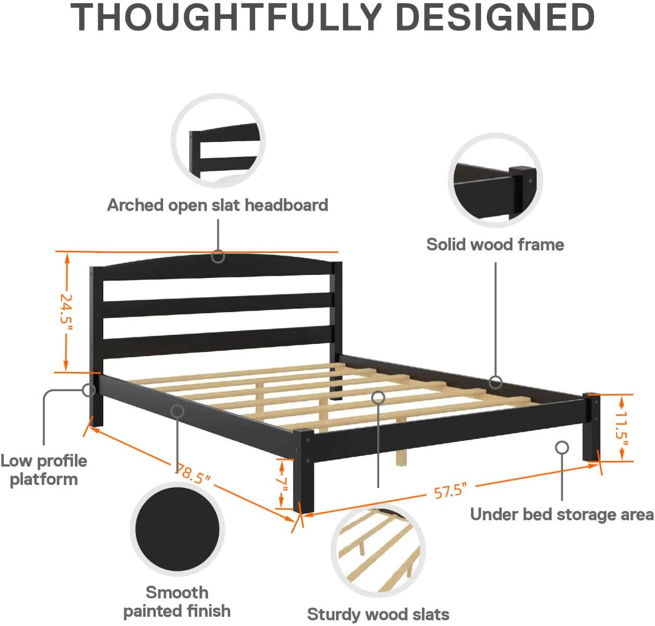 Full Size Bed Frame (12 inches), Black Solid Pine Frame with Low-Profile Curved Headboard, Wood Slats | Center Leg Support, No Box Spring Required, Easy Assembly for Bedrooms/Guest Rooms