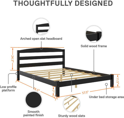 Full Size Bed Frame (12 inches), Black Solid Pine Frame with Low-Profile Curved Headboard, Wood Slats | Center Leg Support, No Box Spring Required, Easy Assembly for Bedrooms/Guest Rooms