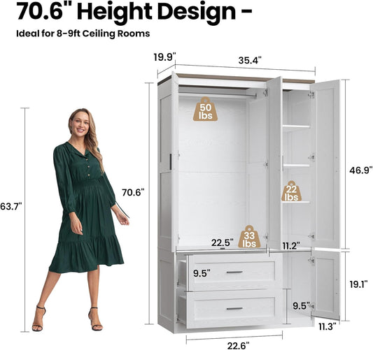 ANCTOR Freestanding Wardrobe Closet 70.6" H, Tall Armoire Wardrobe Closet 3 Doors with Hanging Rod, Drawers, Adjustable Cube Shelves and a Closed Cabinet Organizer Modern Bedroom Clothes Cabinet