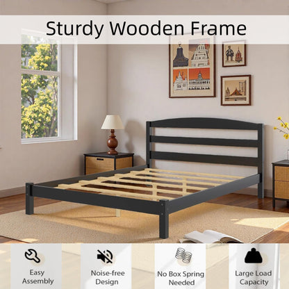 Full Size Bed Frame (12 inches), Black Solid Pine Frame with Low-Profile Curved Headboard, Wood Slats | Center Leg Support, No Box Spring Required, Easy Assembly for Bedrooms/Guest Rooms