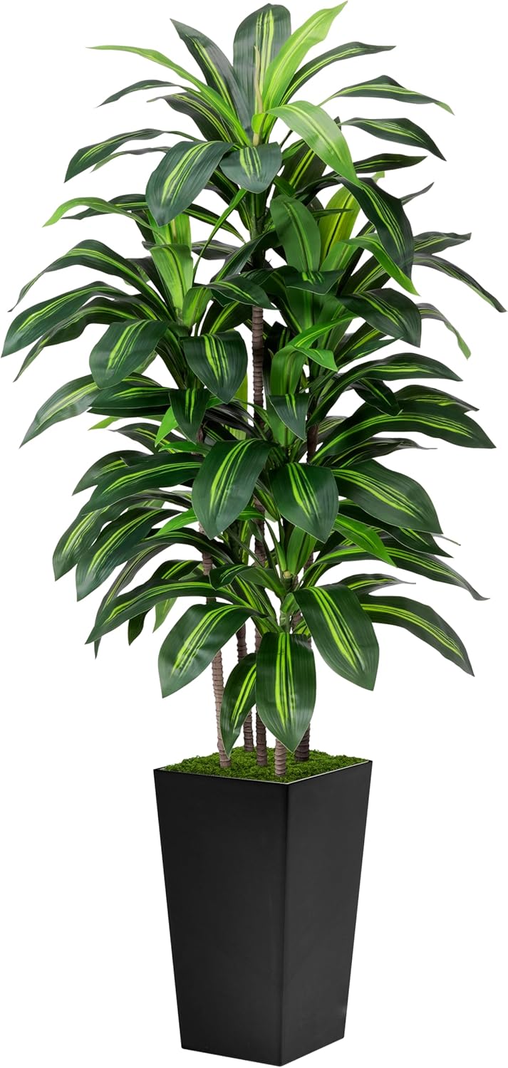 Artificial Dracaena Plant Indoor 5FT - Fake Tree with White Tall Planter - Faux Yucca Tall Fake Floor Plant in Pot - Artificial Trees for Home Office Living Room Decor Indoor