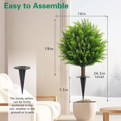 26.5" Artificial Cedar Topiary Ball Trees, Set of 2 UV Resistant Fake Evergreen Trees Shrubs Bushes Artificial Plants with Ground Spike Faux Cypress Plants for Indoor Outdoor Front Porch Garden