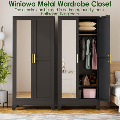 Metal Armoire Wardrobe Closet with 2 Mirror Doors, 71"' Wardrobe Cabinet with Adjustable Shelves and Hanging Rod, Clothing Storage Cabinet Closet with Mirror for Bedroom-Black