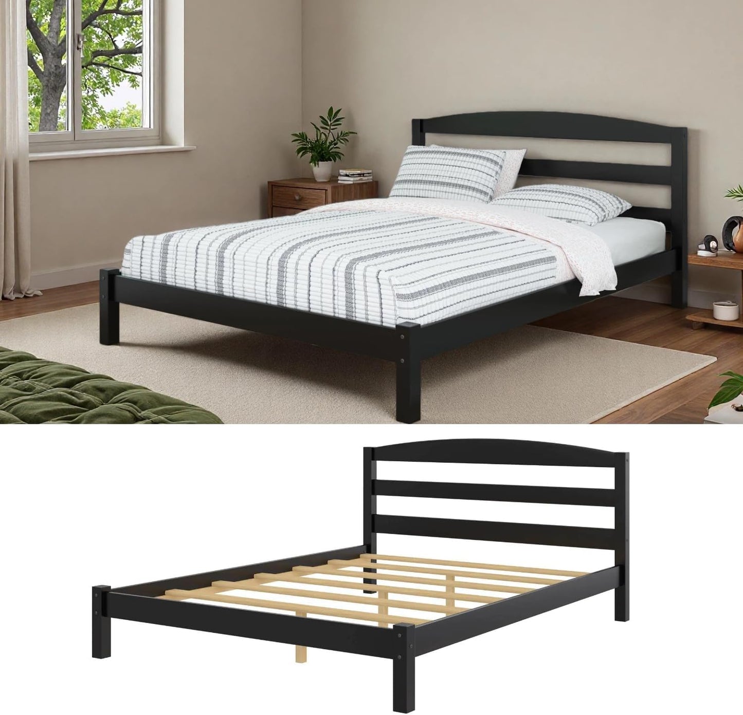 Full Size Bed Frame (12 inches), Black Solid Pine Frame with Low-Profile Curved Headboard, Wood Slats | Center Leg Support, No Box Spring Required, Easy Assembly for Bedrooms/Guest Rooms