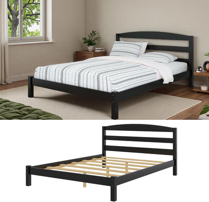 Full Size Bed Frame (12 inches), Black Solid Pine Frame with Low-Profile Curved Headboard, Wood Slats | Center Leg Support, No Box Spring Required, Easy Assembly for Bedrooms/Guest Rooms