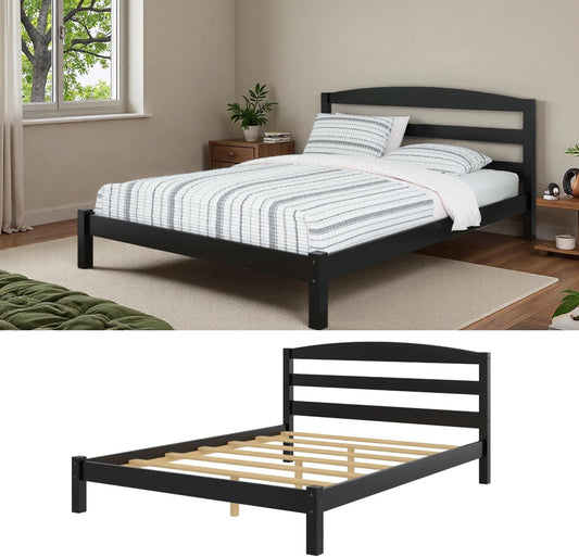 Full Size Bed Frame (12 inches), Black Solid Pine Frame with Low-Profile Curved Headboard, Wood Slats | Center Leg Support, No Box Spring Required, Easy Assembly for Bedrooms/Guest Rooms