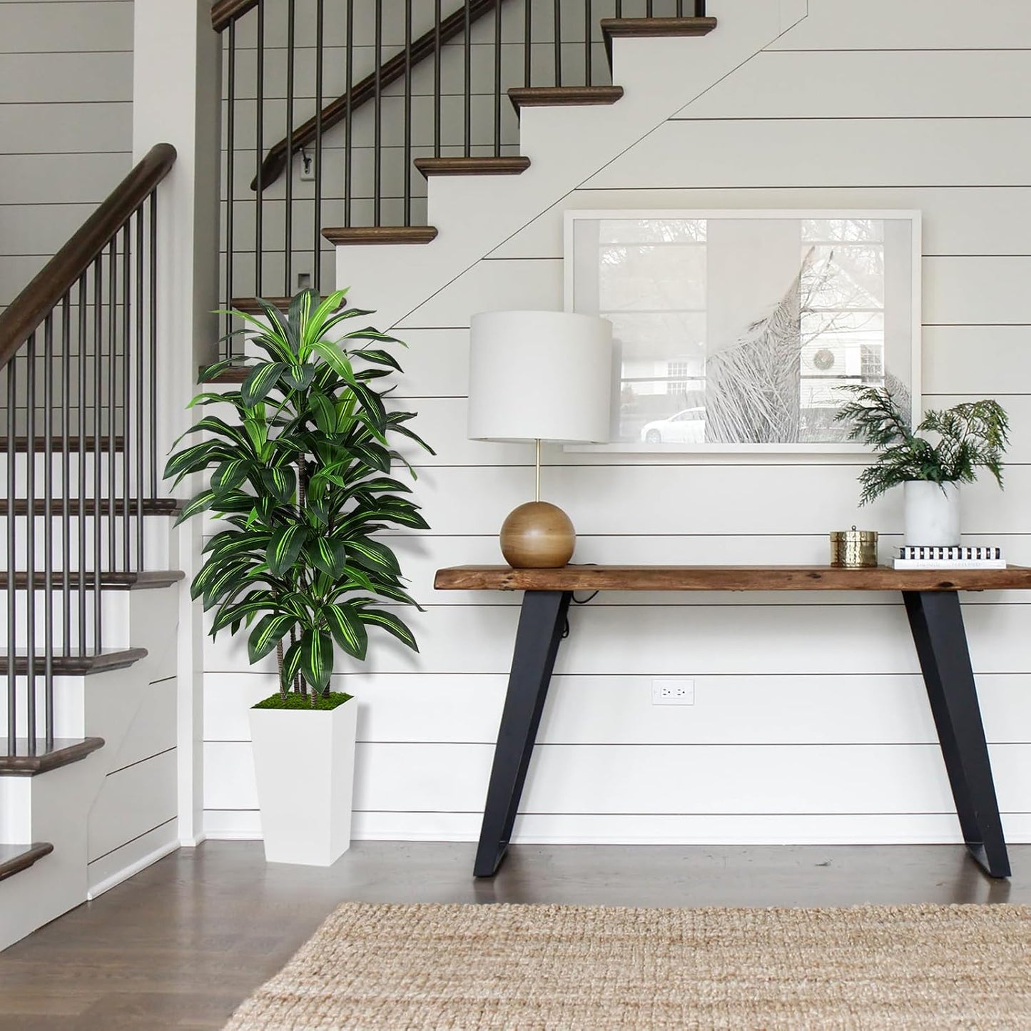 Artificial Dracaena Plant Indoor 5FT - Fake Tree with White Tall Planter - Faux Yucca Tall Fake Floor Plant in Pot - Artificial Trees for Home Office Living Room Decor Indoor