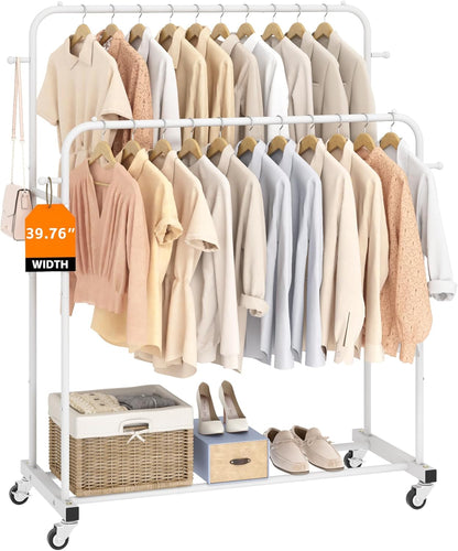 Laiensia Double Rods Garment Rack with Wheels, Clothing Rack for Hanging Clothes,4 Hooks, Multi-functional Bedroom Clothes Rack, Black