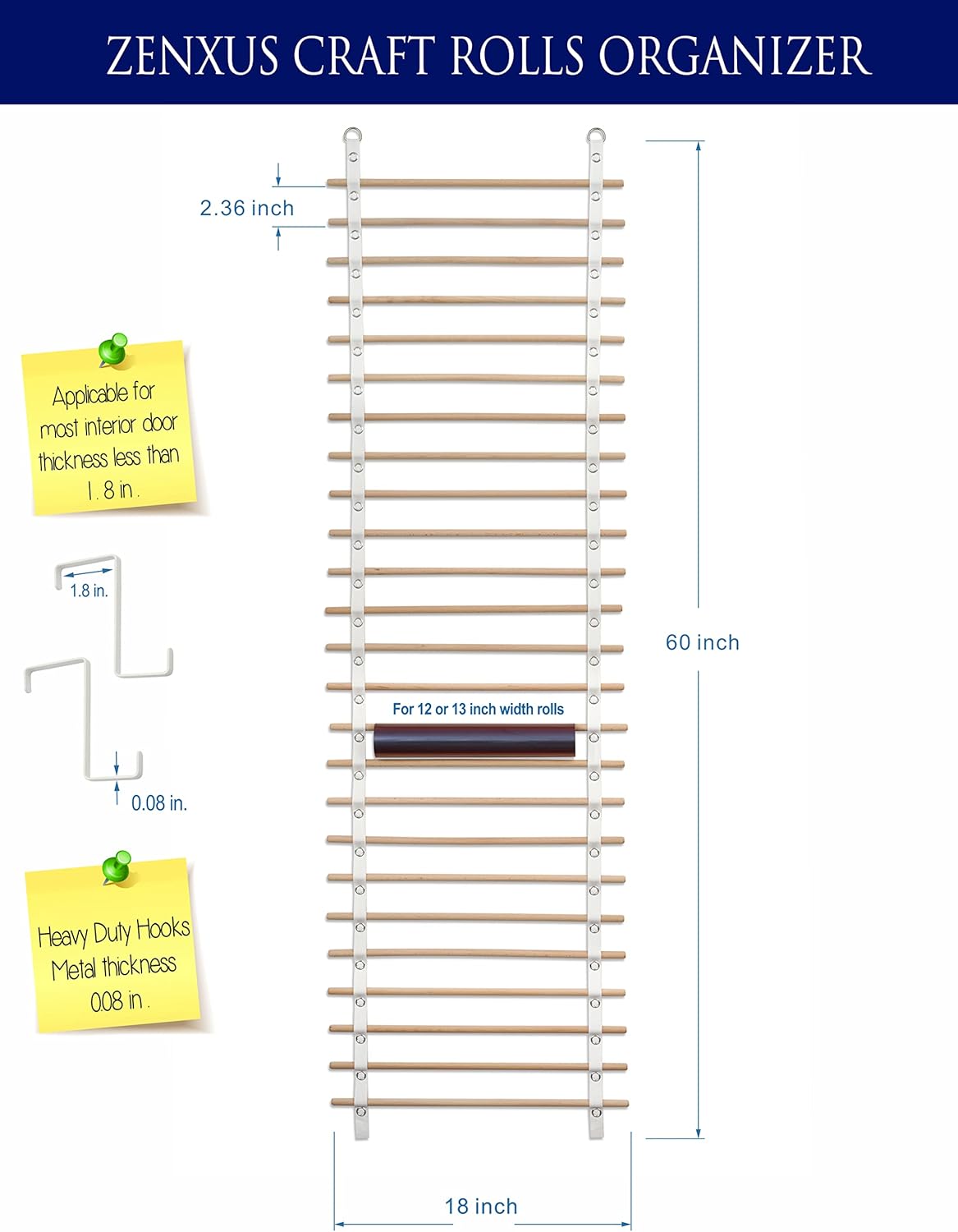 Vinyl Roll Holder, 25 Rolls, Craft Roll Storage and Organizer, Cotton Straps and Wood Dowels, with Door Hanging Hooks