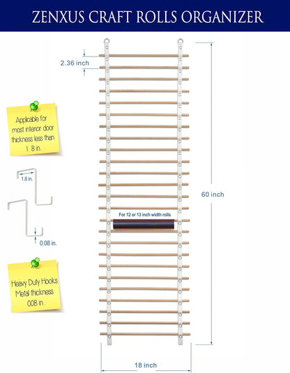 Vinyl Roll Holder, 25 Rolls, Craft Roll Storage and Organizer, Cotton Straps and Wood Dowels, with Door Hanging Hooks