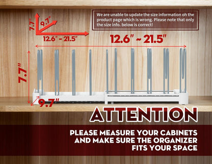 EVERIE Adjustable Bakeware Organizer Pot Lid Holder Rack for Pots, Cake Molds, Cutting Boards, Mats, Cookware, GS02SS, 7.7'' Deep by 12.6'' to 21.5'' Wide