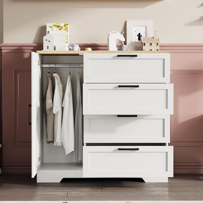 IDEALHOUSE 43.3'' H Armoire Wardrobe Closet with 4 Drawers and 2 Doors, Hanging Rod, Multifunctional Wooden Dresser with Storage Closet, Bathroom Cabinet for Bedroom, Gray