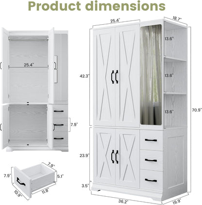 ANCTOR Armoire Wardrobe Closet with Mirror, 70.9" H × 36.2" W, Bedroom Armoires with 4 Doors, 3 Drawers and Shelves, Large Clothing Storage Cabinet for Hanging Clothes, White