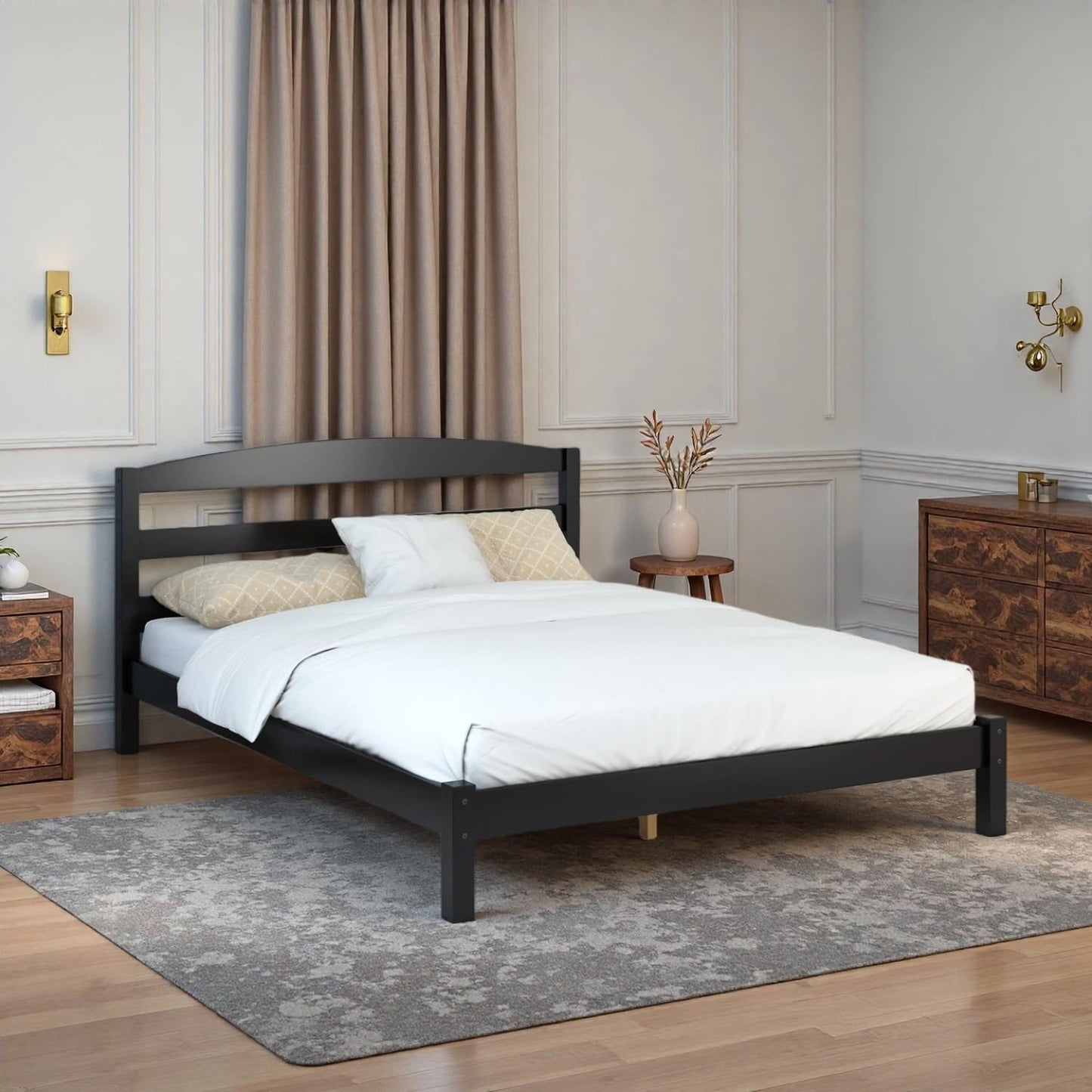 Full Size Bed Frame (12 inches), Black Solid Pine Frame with Low-Profile Curved Headboard, Wood Slats | Center Leg Support, No Box Spring Required, Easy Assembly for Bedrooms/Guest Rooms