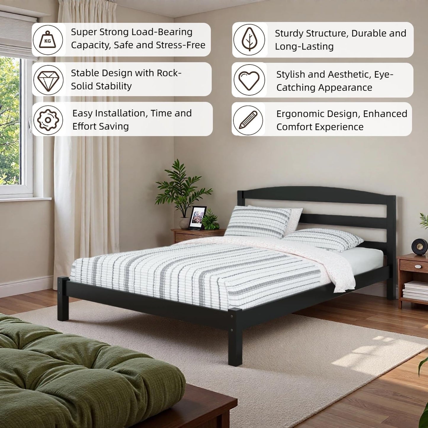 Full Size Bed Frame (12 inches), Black Solid Pine Frame with Low-Profile Curved Headboard, Wood Slats | Center Leg Support, No Box Spring Required, Easy Assembly for Bedrooms/Guest Rooms