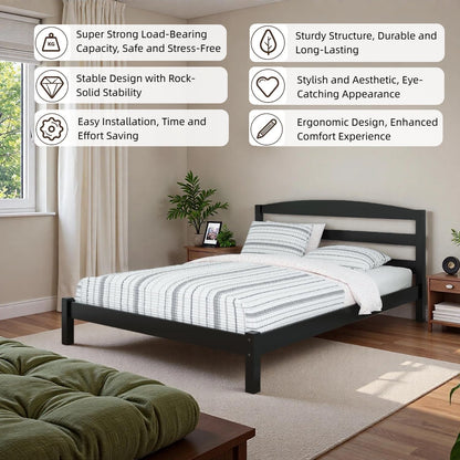 Full Size Bed Frame (12 inches), Black Solid Pine Frame with Low-Profile Curved Headboard, Wood Slats | Center Leg Support, No Box Spring Required, Easy Assembly for Bedrooms/Guest Rooms
