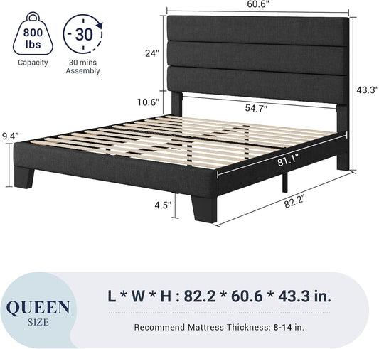 Allewie Queen Size Platform Bed Frame with Fabric Upholstered Headboard and Wooden Slats Support, Fully Upholstered Mattress Foundation/No Box Spring Needed/Easy Assembly, Dark Grey