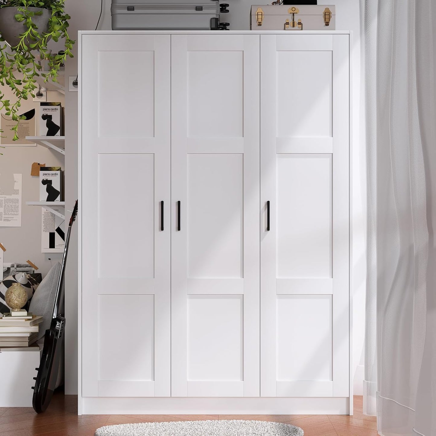 3 Doors Wooden Wardrobe Closet Armoire, White Storage Cabinet for Hanging Clothes, Bedroom Large Capacity Freestanding Armoire,Wood Wardrobe Combination with Shelves