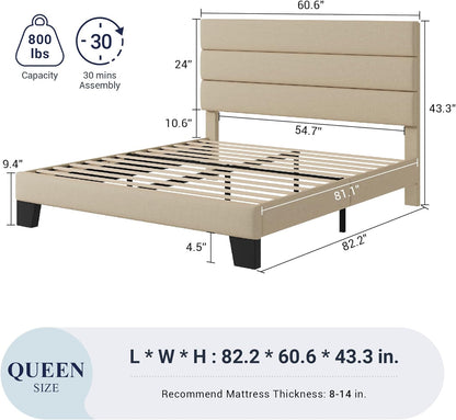 Allewie Queen Size Platform Bed Frame with Fabric Upholstered Headboard and Wooden Slats Support, Fully Upholstered Mattress Foundation/No Box Spring Needed/Easy Assembly, Beige