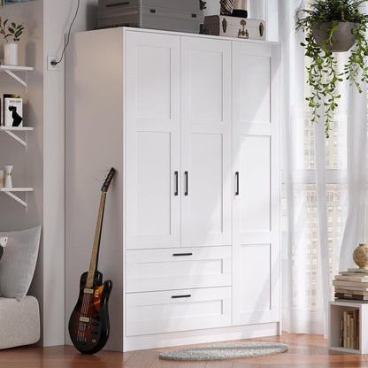 3 Doors Wooden Wardrobe Closet Armoire, White Storage Cabinet for Hanging Clothes, Bedroom Large Capacity Freestanding Armoire,Wood Wardrobe Combination with Shelves