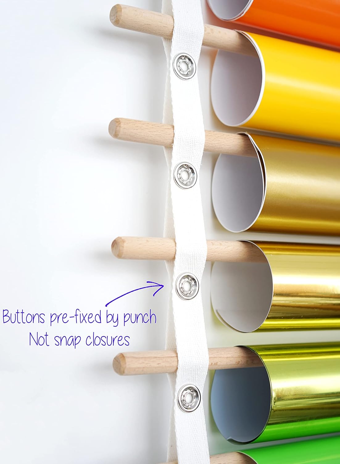 Vinyl Roll Holder, 25 Rolls, Craft Roll Storage and Organizer, Cotton Straps and Wood Dowels, with Door Hanging Hooks