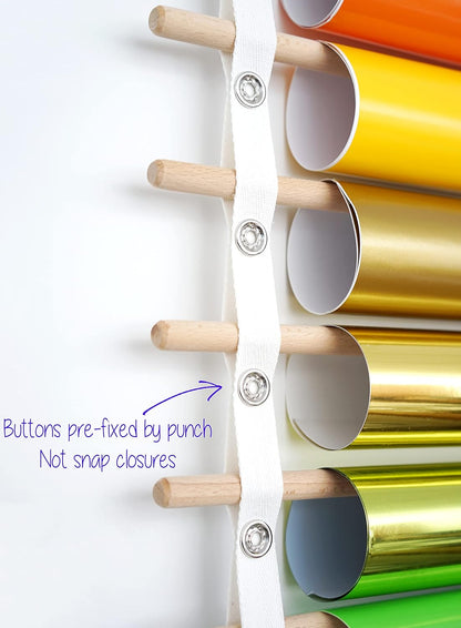 Vinyl Roll Holder, 25 Rolls, Craft Roll Storage and Organizer, Cotton Straps and Wood Dowels, with Door Hanging Hooks