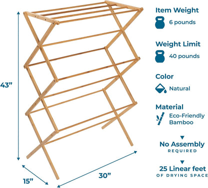 Honey-Can-Do Collapsible Bamboo Drying Rack – Sturdy & Foldable Laundry Drying Rack, Space-Saving & Portable Clothes Rack for Air-Drying Clothes, Towels, Blankets & Delicates, Indoor & Outdoor Use.
