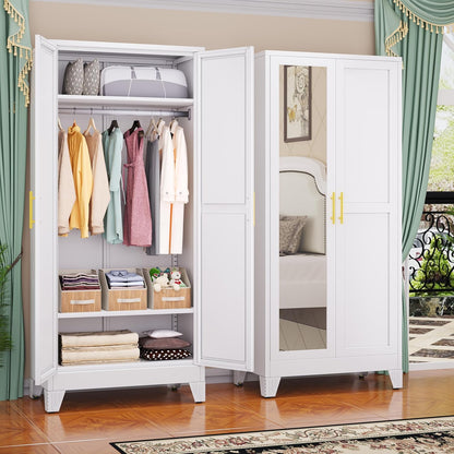 Steel Armoire Wardrobe Closet, 71" Metal Clothing Storage Cabinets with 2 Doors, 1 Adjustable Shelf and 2 Drawers, Metal Wardrobe Cabinet with Hanging Rod for Bedroom, Gym, Cloak Room (Black)