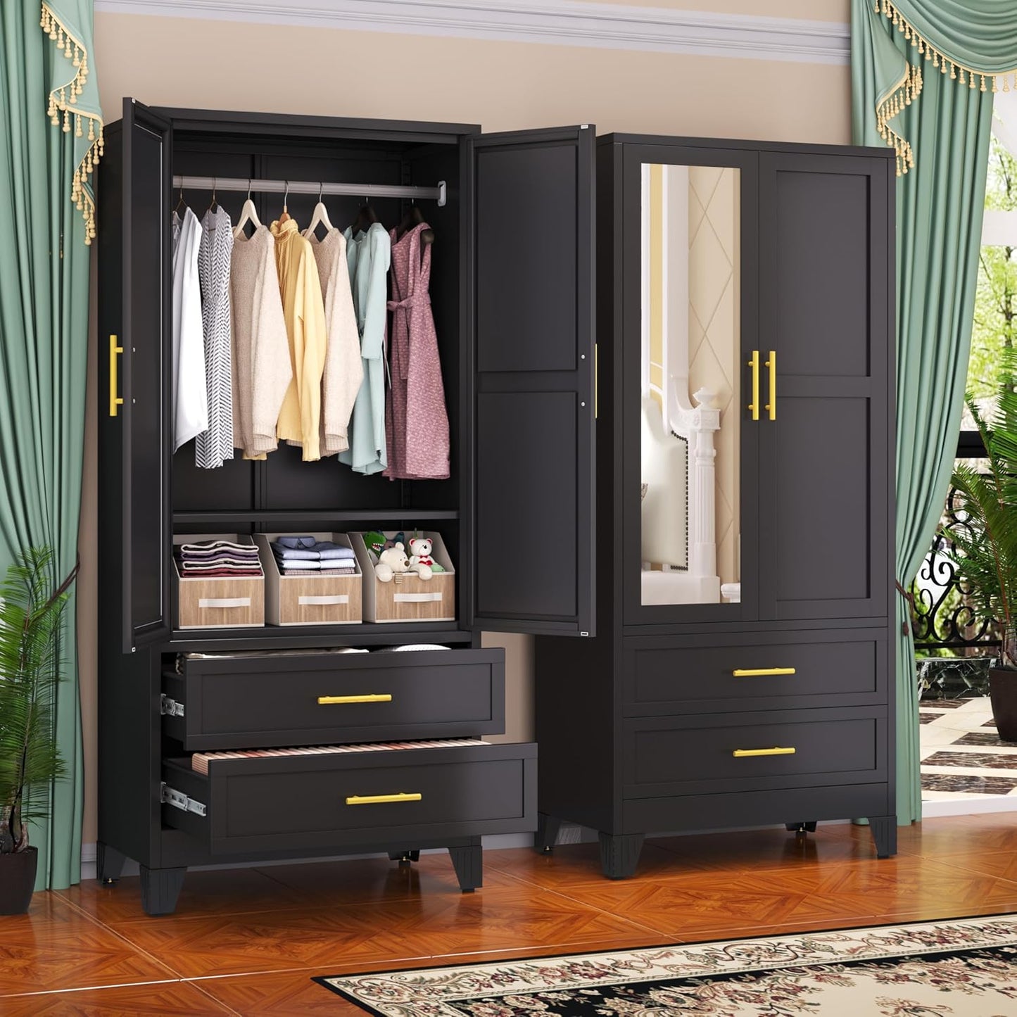 Steel Armoire Wardrobe Closet, 71" Metal Clothing Storage Cabinets with 2 Doors, 1 Adjustable Shelf and 2 Drawers, Metal Wardrobe Cabinet with Hanging Rod for Bedroom, Gym, Cloak Room (Black)