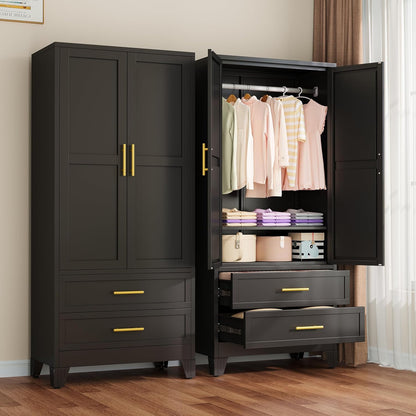 Metal Armoire Wardrobe Closet with 2 Mirror Doors, 71"' Wardrobe Cabinet with Adjustable Shelves and Hanging Rod, Clothing Storage Cabinet Closet with Mirror for Bedroom-Black