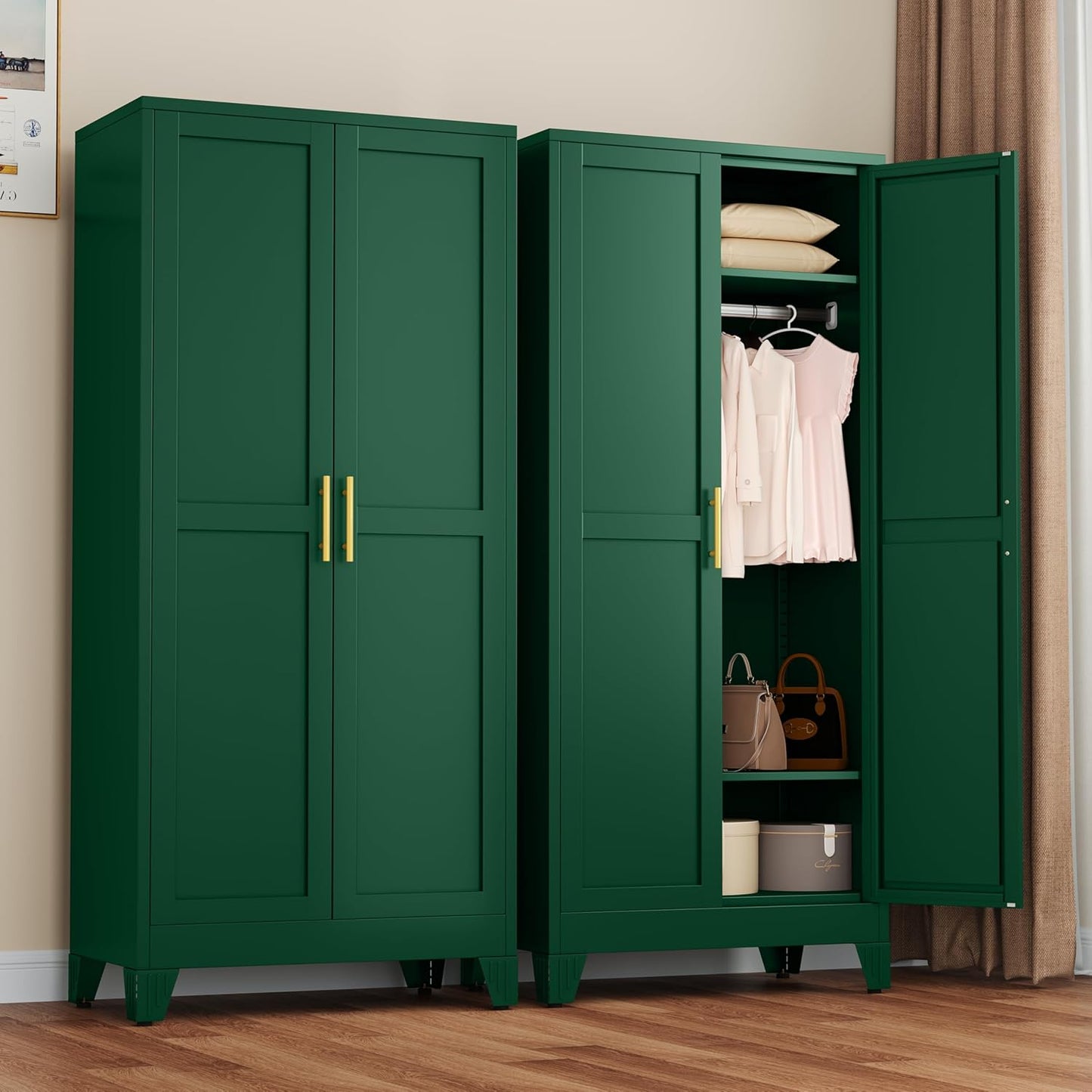 Metal Armoire Wardrobe Closet with 2 Mirror Doors, 71"' Wardrobe Cabinet with Adjustable Shelves and Hanging Rod, Clothing Storage Cabinet Closet with Mirror for Bedroom-Black