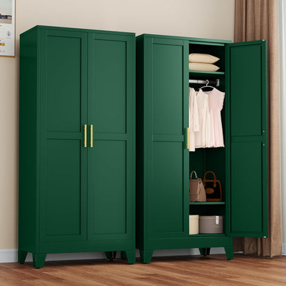 Metal Armoire Wardrobe Closet with 2 Mirror Doors, 71"' Wardrobe Cabinet with Adjustable Shelves and Hanging Rod, Clothing Storage Cabinet Closet with Mirror for Bedroom-Black