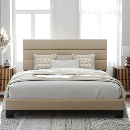 Allewie Queen Size Platform Bed Frame with Fabric Upholstered Headboard and Wooden Slats Support, Fully Upholstered Mattress Foundation/No Box Spring Needed/Easy Assembly, Beige
