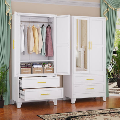 Steel Armoire Wardrobe Closet, 71" Metal Clothing Storage Cabinets with 2 Doors, 1 Adjustable Shelf and 2 Drawers, Metal Wardrobe Cabinet with Hanging Rod for Bedroom, Gym, Cloak Room (Black)