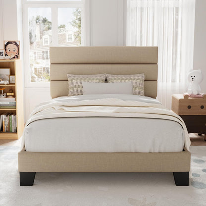 Allewie Queen Size Platform Bed Frame with Fabric Upholstered Headboard and Wooden Slats Support, Fully Upholstered Mattress Foundation/No Box Spring Needed/Easy Assembly, Beige