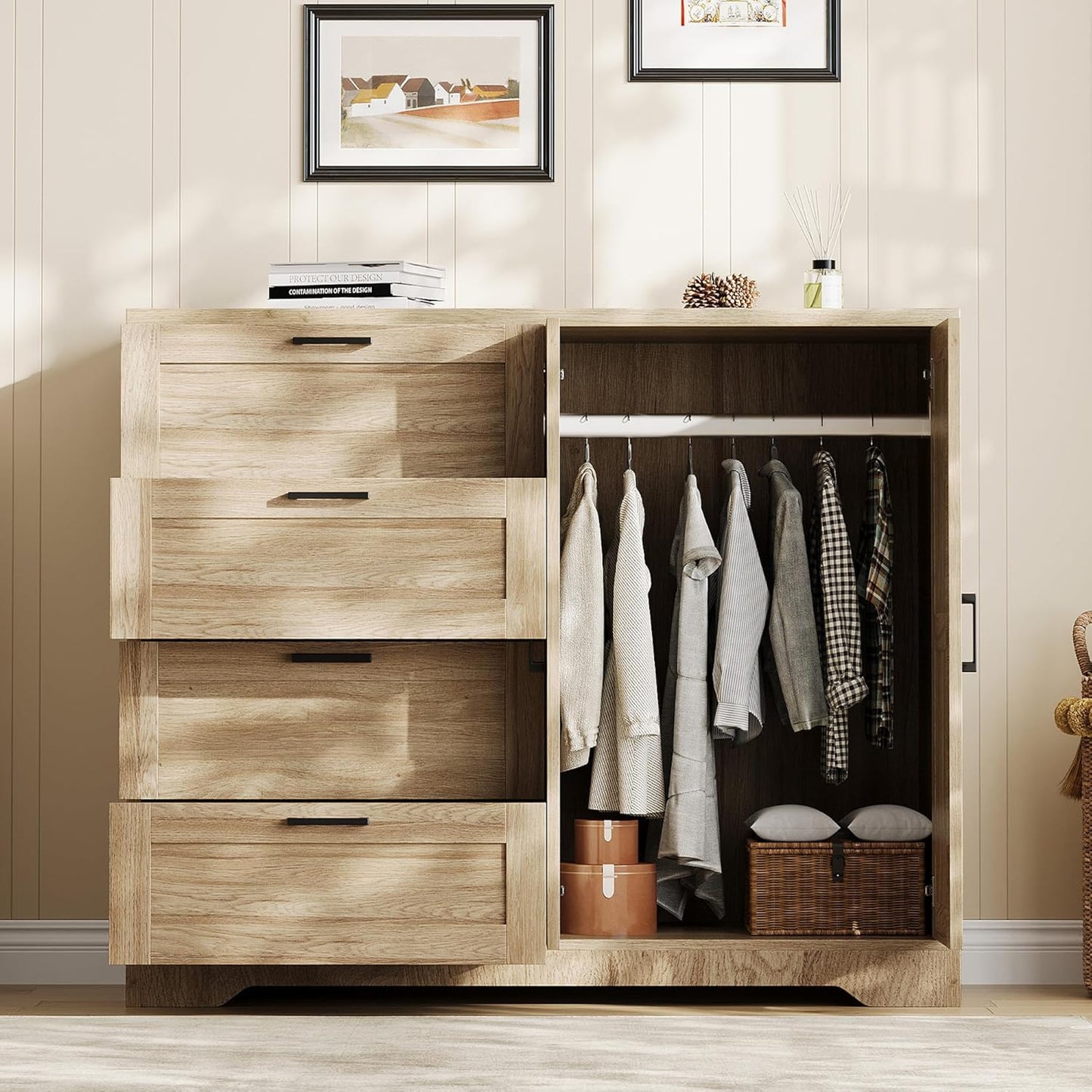 IDEALHOUSE 43.3'' H Armoire Wardrobe Closet with 4 Drawers and 2 Doors, Hanging Rod, Multifunctional Wooden Dresser with Storage Closet, Bathroom Cabinet for Bedroom, Gray